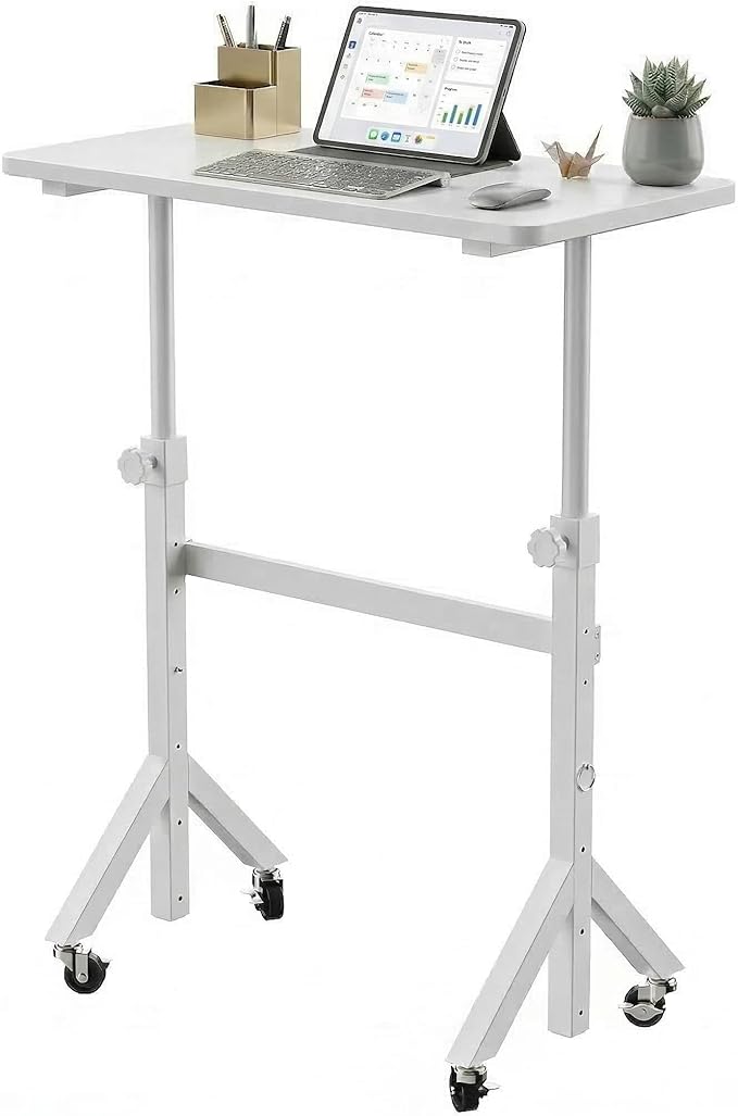 HUANUO 32'' Small Standing Desk with Wheels,28.7"-46.1" Heigh Adjustable Portable Rolling Desks,Mobile Stand Up Desk for Walking Pad and Treadmill,Sit to Stand Computer Workstation for Bedroom,White