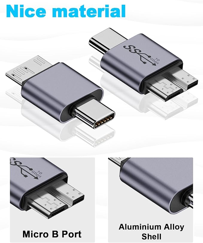 Duttek 10Gbps USB C to Micro B Cable Adapter, Micro B to USB C Adapter, Micro B Male to USB C 3.2 Male Adapter for Hard Drive Cable for External Portable SSD HDD 2 Pack