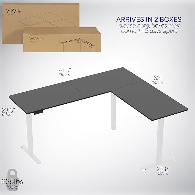 VIVO Corner Standing Desk, 75 x 63 inch Reversible L-Shaped Workstation, Electric Height Adjustment, Home, Office, and Reception Rooms, Black Table Top White Frame, DESK-E3CTWB-75