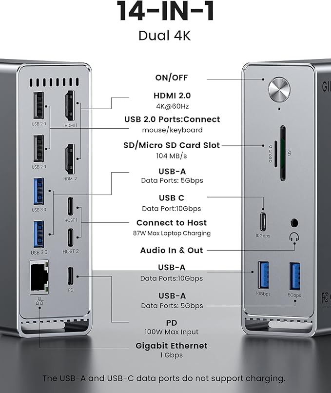 MacBook Pro Docking Station, 14-in-2 Dual USB C Docking Station Dual Monitor for MacBook Pro (Not M1/ M2) MacBook Air Dock with Dual 4K HDMI 60Hz, 10Gbps USB, RJ45, Audio, SD/TF Slots, 87W PD