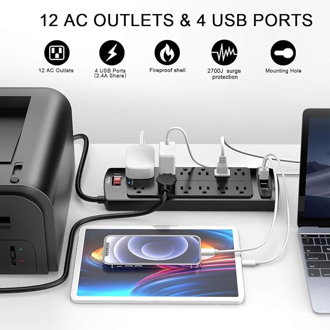 Power Strip, ALESTOR Surge Protector with 12 Outlets and 4 USB Ports, 6 Feet Extension Cord (1875W/15A), 2700 Joules, ETL Listed, Black
