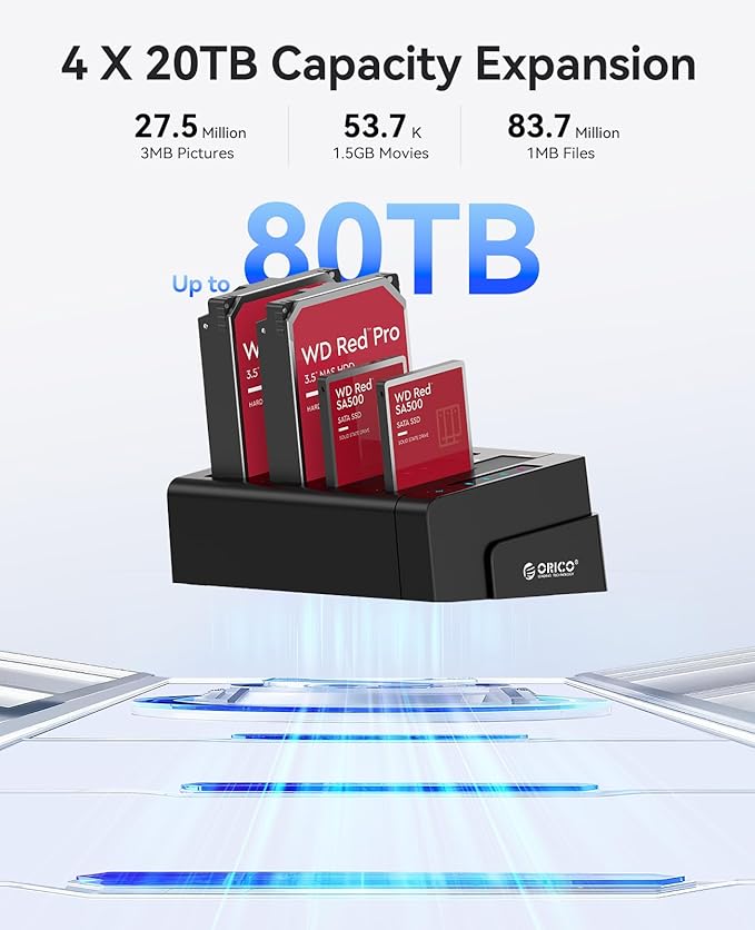 ORICO 4 Bay External Hard Drive Docking Station USB 3.0 to SATA I/II/III for 2.5''/3.5'' HDD SSD with Hard Drive Clone Function Slope Design Support UASP [4 x 20TB]-6648US3