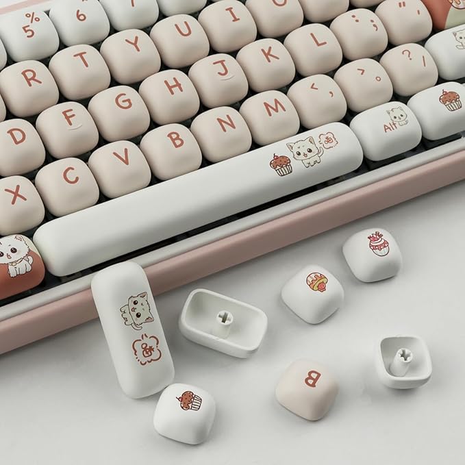 PBT Keycaps 147 Keys MOG Profile Keycap, Pink Dessert Cat Keycaps Dye-Sublimation Cute Custom Keycap for Cherry Gateron MX Swithes Mechanical Keyboards