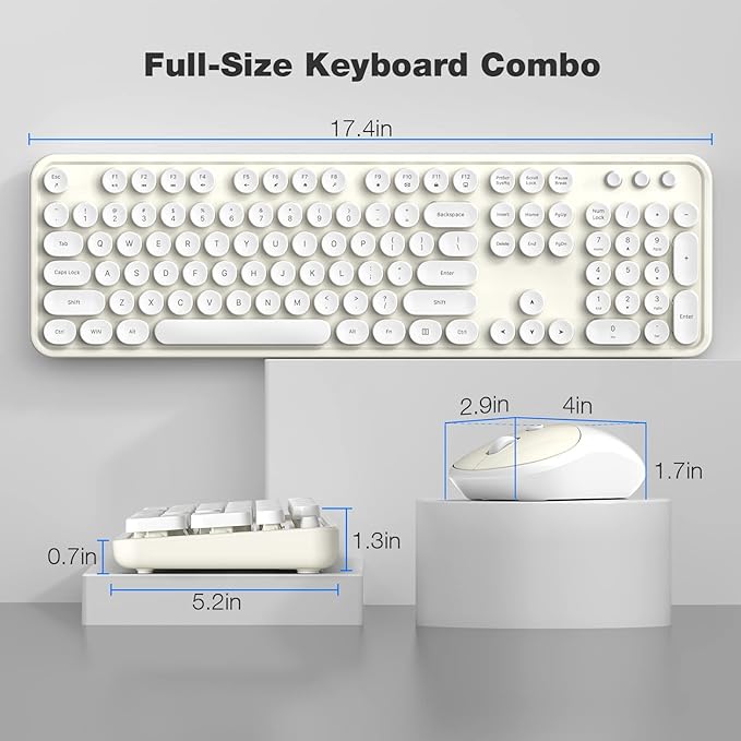 Wireless Keyboard and Mouse, Typewriter Full Size Keyboard with Number Pad and 2 in 1 USB Connected Mouse for Windows 7/8/10, Laptop, Desktop, PC, Computer (Off-White)