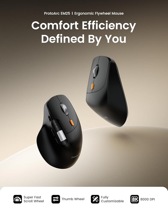 ProtoArc Ergonomic Bluetooth Mouse, EM25 USB Wireless Mouse, Fast Scrolling & Thumb Scroll Wheel, Buttons Customizations, 8000 DPI, Quiet, Rechargeable, Compatible with Windows/Mac/Android, Black