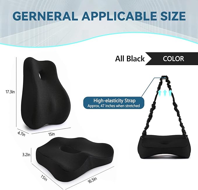 Seat Cushion & Lumbar Support Pillow Set for Office Chair, Ergonomic Pillow for Sciatica Pain Relief, Memory Foam Back Support Pillow & Chair Cushion for Car seat, Desk Chair (Black)