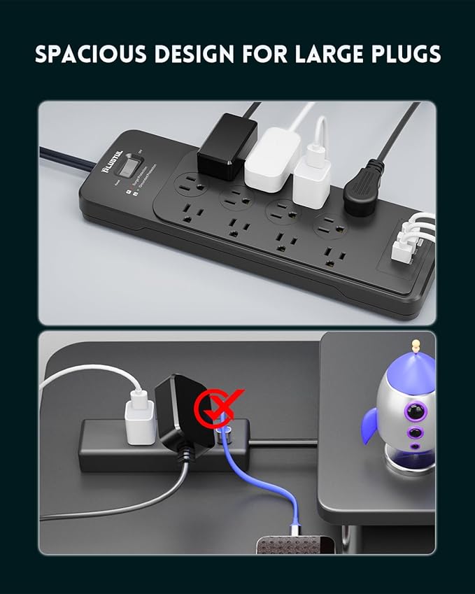Surge Protector Power Strip 10FT(4080J), PLUGTUL Surge Protector with 12 Outlets - Spacious Design for Large Plugs, Flat Plug, 20W USB C Charging for Home, Office, ETL Listed