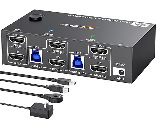 HDMI KVM Switch 2 Monitors 2 Computers 8K@60Hz 4K@144Hz, USB 3.0 Dual Monitor KVM Switch for Running 2 Computers Across 2 Monitors, Sharing 4 USB 3.0 Devices, with Wired Remote & USB Cable
