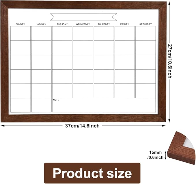 Dry Erase Monthly Calendar Whiteboard, Magnetic White Board for Wall, Office/School/Home, Solid Pine Wood Walnut Brown Frame Hanging Board 10.6"x 14.6"(YL-WB-2737-B)