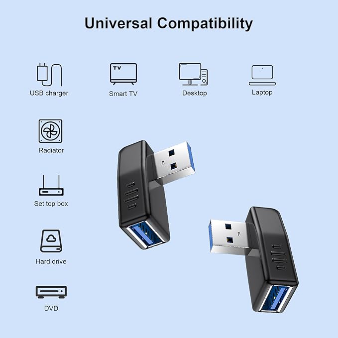 USB 3.0 Adapter 90 Degree Male to Female Coupler Connector Plug Left Right Up Down Angle (USB 3.0 Adapter Right 2PCS)