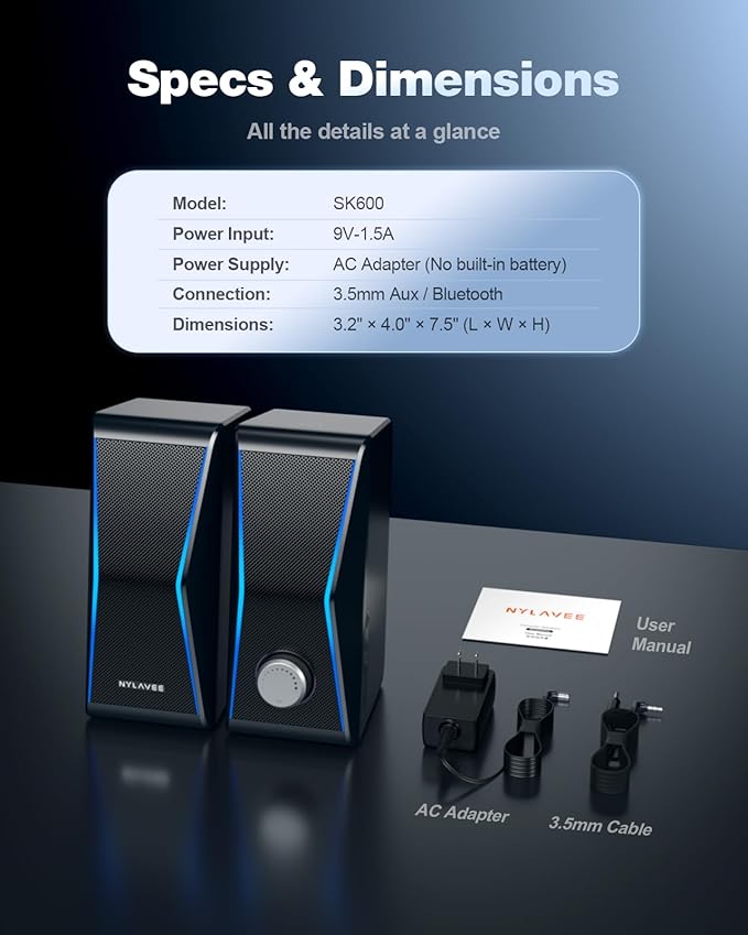 Nylavee Computer Speakers, Hi-Fi Stereo Sound PC Speakers with Bluetooth 5.0 and 3.5mm AUX-in, 14W AC Powered, Built-in Equalizer Modes and RGB Lights for Desktop PC, Monitor, Laptop, PS5, Xbox