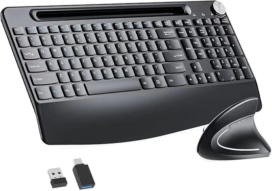 Full-Size Ergonomic Keyboard and Mouse, 2.4GHz Wireless Keyboard and vertical Mouse with Tablet Phone Holder, Wrist Rest for Computer Mac PC Laptop Chromebook, Black