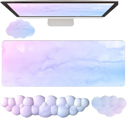 Cloud Mouse Pad and Keyboard Wrist Rest 4PCS Extended Large Desk Mat Pad Set Memory Foam Non-Slip Ergonomic Gaming Mouse Pad Wrist Support for Computer Laptop Home Office Cute Pink Blue Sky