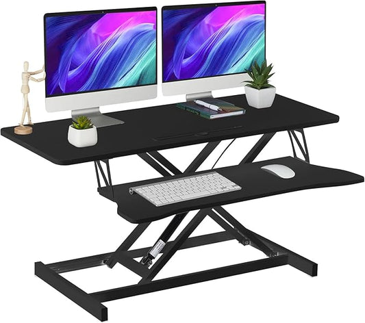 38-Inch Height Adjustable Standing Desk Converter, Duals Monitor & Laptop Riser with Wide Keyboard Tray, Sit to Stand Ergonomic Workstation for Home Office, School, Business, Black