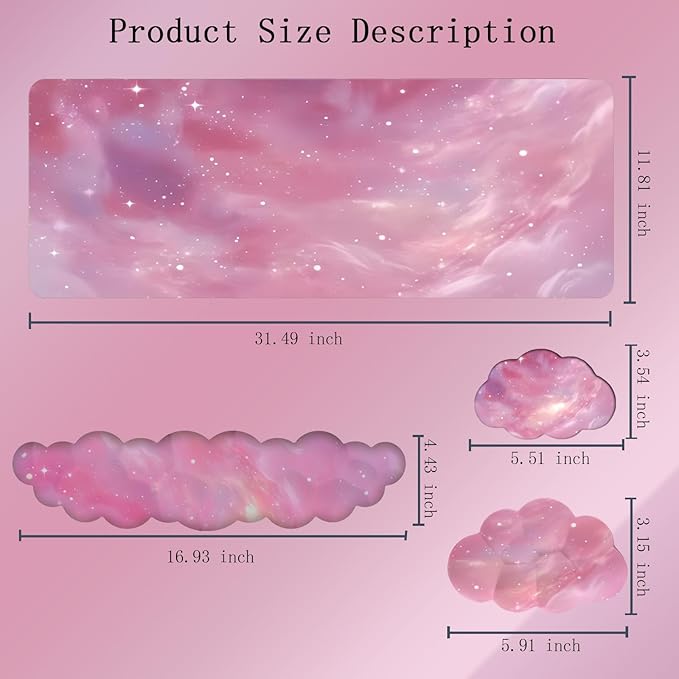 Cloud Mouse Pad Keyboard Wrist Rest 4PCS Galaxy Space Extended Large Desk Mat Pad Set Memory Foam Non-Slip Ergonomic Gaming Mouse Pad Wrist Support for Computer Laptop Home Office Cute Pink Stars