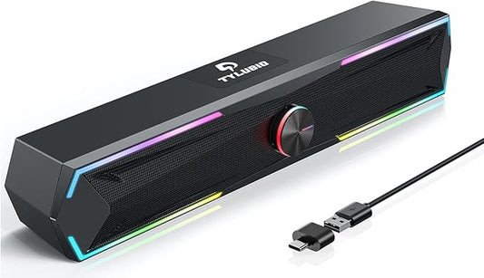 Computer Speakers PC Sound Bar with Stereo Sound, Flowing LED & Push-Button Control Computer Speaker for Desktop Laptop Monitor, USB Input Black