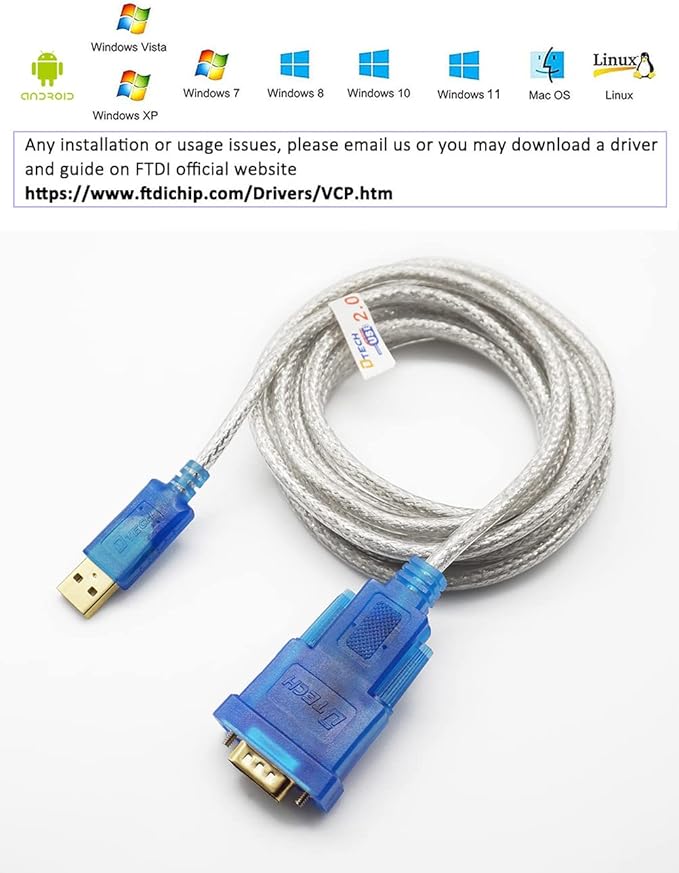 DTECH USB to Serial Adapter Cable RS232 DB9 Male Port with FTDI FT232RL Chipset Supports Windows 11 10 8 7 and Mac Linux (1.5 Feet)