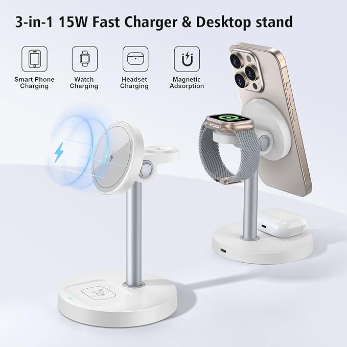 3 in 1 Magnetic Wireless Charging Station, 15W Fast Charger Stand for iPhone, Phone Charger Stand for Desk Nightstand, Compatible with iPhone 17/16/15/14, Apple Watch & AirPods, Adapter Not Included
