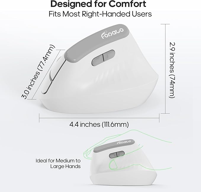 Ergonomic Vertical Mouse,Wireless Bluetooth 5.0 and 2.4G Mouse,Silent Click,60% Reduced Wrist Pressure,3 Adjustable DPI for PC,Mac,Laptop,Computer,Home,Office Use (White)