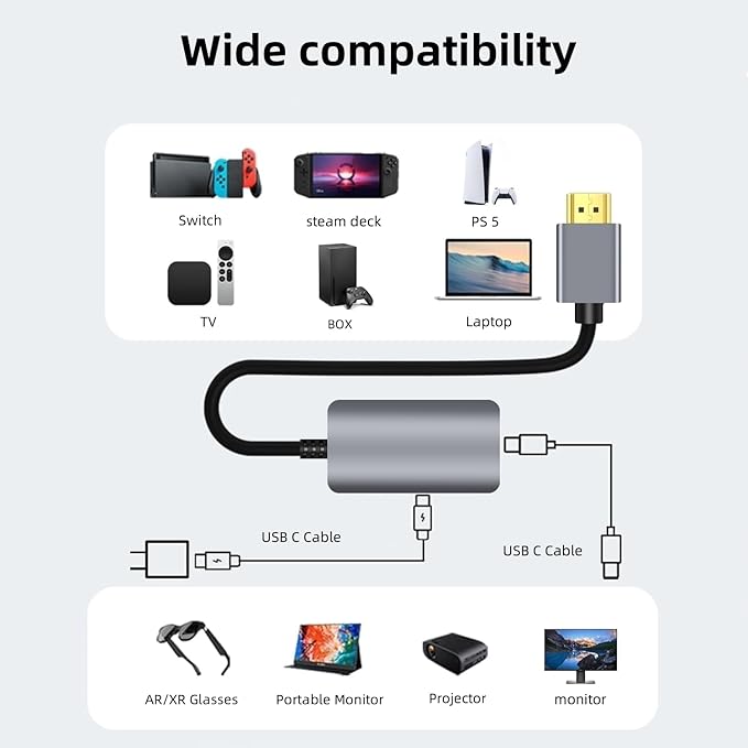 HDMI to USB C Adapter, 4K@60Hz Portable Monitor, AR Glasses XREA 0ne、Air 2 Pro/VTURE Pro/RayN0 Air 2s, HDMI Male(Source) to USB C Female(Display) Laptop,Switch,ROG Ally,Steam Deck