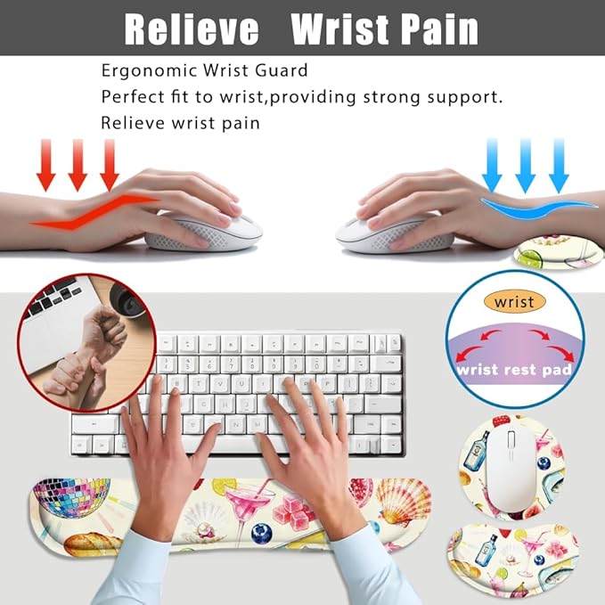 4 in 1 Large Keyboard Mouse Pad Set, Ergonomic Keyboard Wrist Rest Pad, Wrist Support Mousepad Set, Cup Coaster, Extended Desk Mat for Home Game Women Office Desk Decor Accessories(Food)