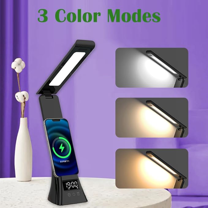 IHAO 3in1 Foldable Eye-Care Desk Lamp with 15W Wireless Charger & Digital Clock Touch Control, 3 Color Temperatures, Alarm, 180° Foldable, Phone Stand, Modern LED Table Lamp TYV-2088 White