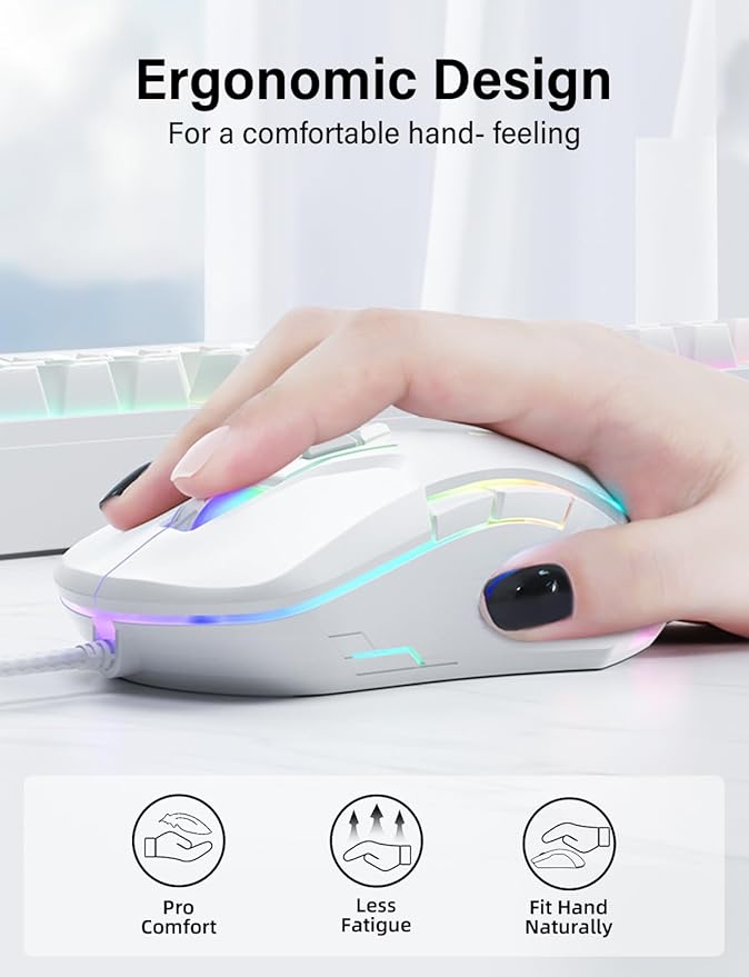 Wired USB Mouse, Computer Mouse with RGB Lighting, 4 Adjustable DPI, Ergonomic Optical Office Mouse, 7 Buttons Corded Mice for Window/PC/Laptop/Desktop/Mac/Chromebook, White