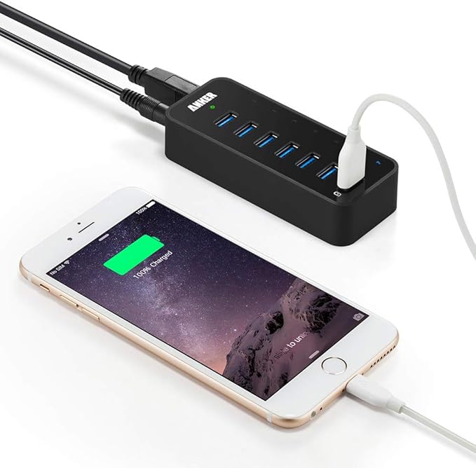 Anker Powered USB Hub for Laptop, 7 Ports USB 3.0 Data Hub, with 36W Power Adapter and BC 1.2 Charging Port for iPhone 7/6s Plus, iPad Air 2, Galaxy S Series, Note Series, Mac, PC, USB-Flash Drives