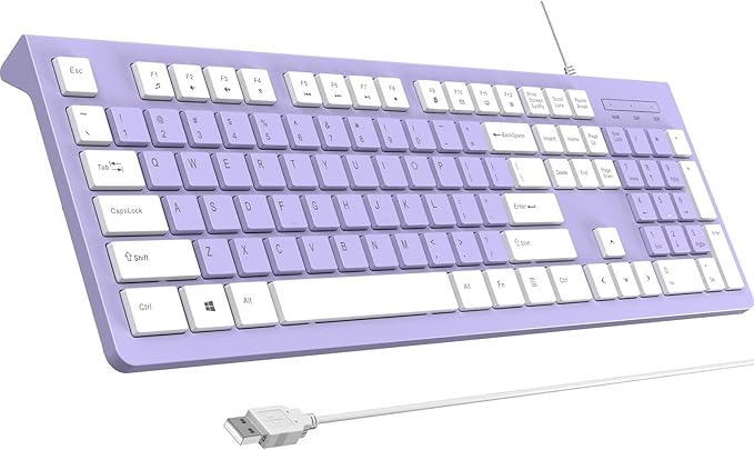Wired Keyboard, Ultra-Thin USB Wired Computer Keyboard, Low-Profile Keys, Spill-Resistant, Multimedia Keys, Compatible with Windows, Mac, Chrome, Linux, and Android-Purple