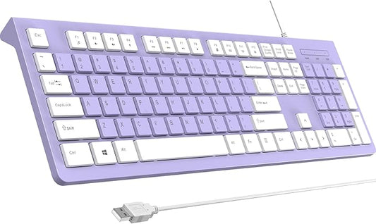 Wired Keyboard, Ultra-Thin USB Wired Computer Keyboard, Low-Profile Keys, Spill-Resistant, Multimedia Keys, Compatible with Windows, Mac, Chrome, Linux, and Android-Purple