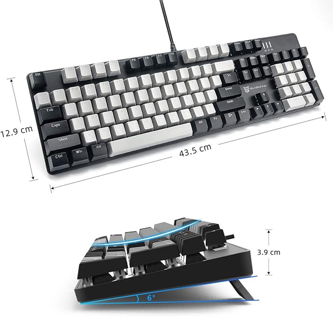 104 Keys Wired Mechanical Gaming Keyboard | White LED Backlit US Layout | Hot Swappable Blue Switch Full Size Mechanical Keyboard | Black & Grey Keycaps Light Up PC Gaming Computer Keyboards