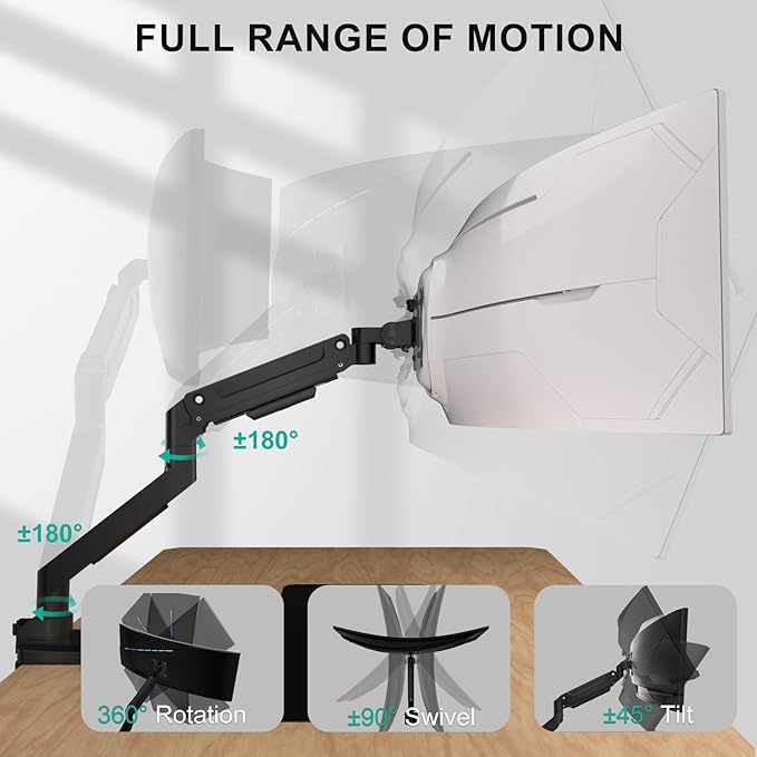 WALI Ultrawide Single Monitor Arm for 13-49 Inch Heavy Duty Curved Screens, up to 44 Lbs, Adjustable Gas Spring Single Monitor Desk Mount with C-Clamp, Grommet Base, 75/100mm VESA (GSM001XL), Black