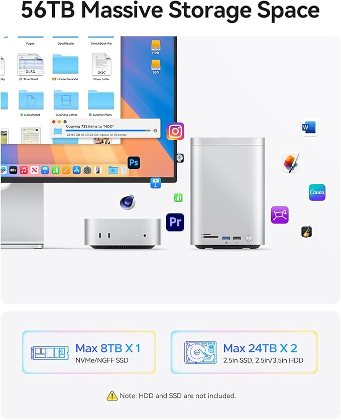 ORICO MiniTower 2 Bay RAID Enclosure Compatible NVMe SSD 10Gbps with Expansion Hub Docking Station for Mac mini M4 Max Up to 56TB-M435