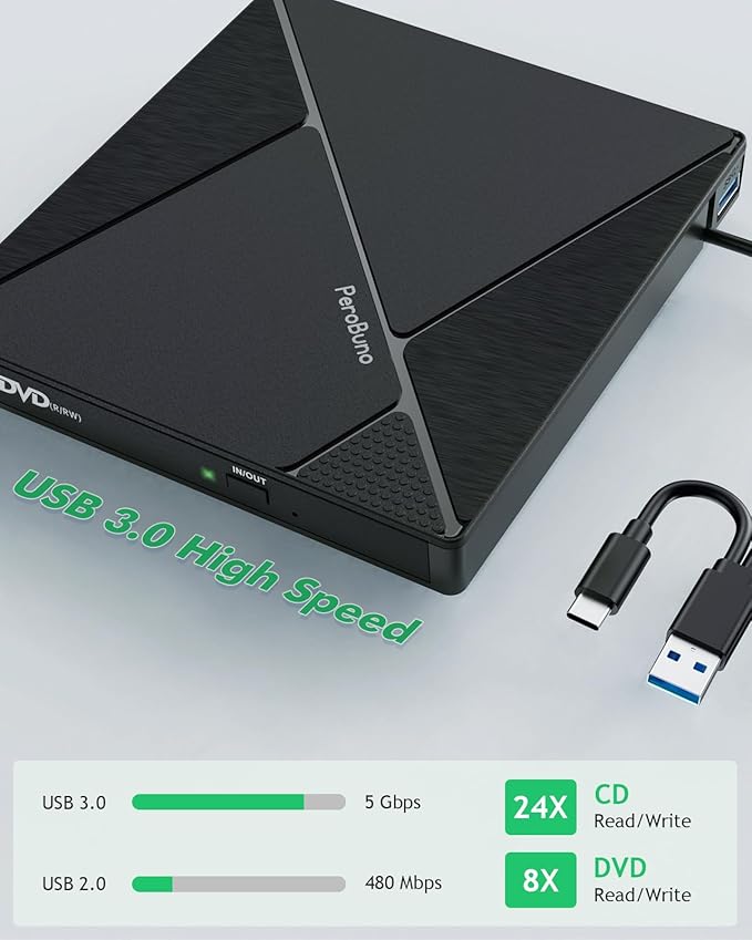 PeroBuno External CD DVD Drive, USB 3.0 Optical Disc Drive, 4 USB Ports and 2 TF/SD Card Slots, CD DVD Burner Writer Reader Player for Laptop MacBook iMac Desktop PC Windows 11/10/8/7/XP Linux Mac OS