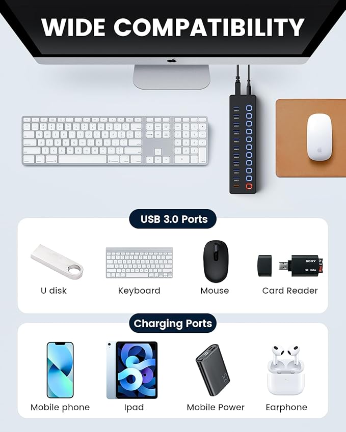 USB hub，Powered USB hub, 11-Port hub Splitter，10 USB 3.0 Data Transfer Port + 1 Smart Charging Port,Independent Switch (with LED Working Indicator) USB 3.0 Hub Powered with Power Adapter for Mac/PC