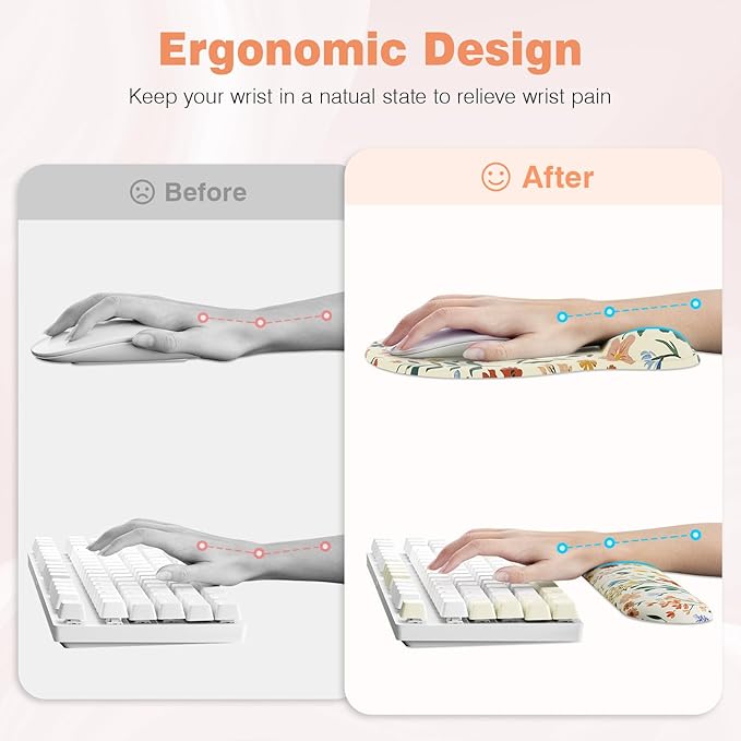 Ospelelf Keyboard Wrist Rest Set with Ergonomic Mouse Pad - 3-in-1 Memory Foam Support for Pain Relief, Office & Gaming with Coaster Yellow Floral
