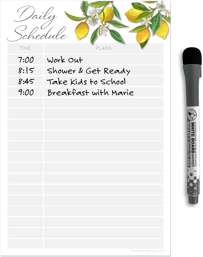 Dry Erase Daily Schedule Planner Sticker Decal by Glassboard Studio | Removable & Reusable | Magnetic Fine-Tip Marker Included (6 x 9 inches, Lemon Fresh)