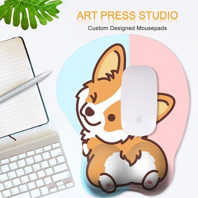 HAOCOO Cute Mouse Pad with Wrist Support Ergonomic, Anime Gel Corgi Butt Mouse Pad with Wrist Rest, Typing Pain Relief Funny Cartoon Mousepad for Gaming Kawaii Office Computer, Blue Pink Dog Animal