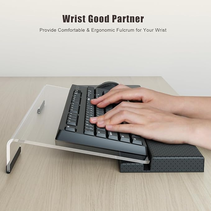 Acrylic Keyboard Stand with Ergonomic PU Leather Wrist Rest & Storage – Adjustable Tilted Riser for All Sized Keyboards, Office & Home Desk Organizer, Clear