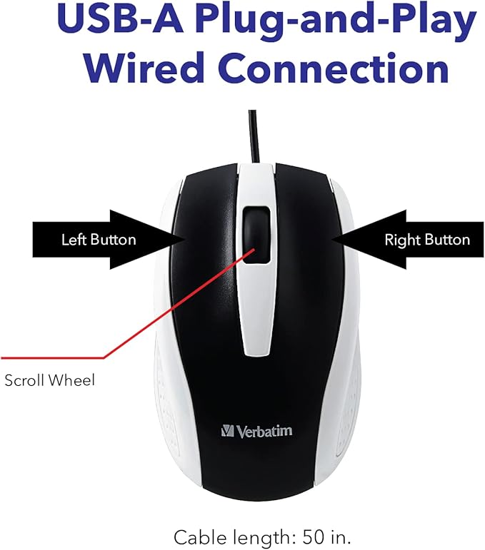Verbatim Wired USB Computer Mouse - Corded USB Mouse for Laptops and PCs - Right or Left Hand Use, White 99740, 1.4" x 2.4" x 3.9"