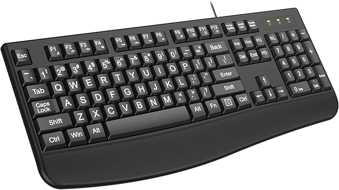 Large Print Ergonomic Keyboard, Full Size Keyboard with Wrist Rest, Silent Wired USB Computer Keyboard Oversized Letter Keys 4X Larger Easy to See & Type for Laptop, PC, Windows, Desktop