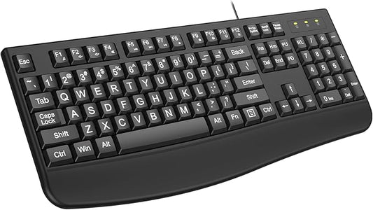 Large Print Ergonomic Keyboard, Full Size Keyboard with Wrist Rest, Silent Wired USB Computer Keyboard Oversized Letter Keys 4X Larger Easy to See & Type for Laptop, PC, Windows, Desktop