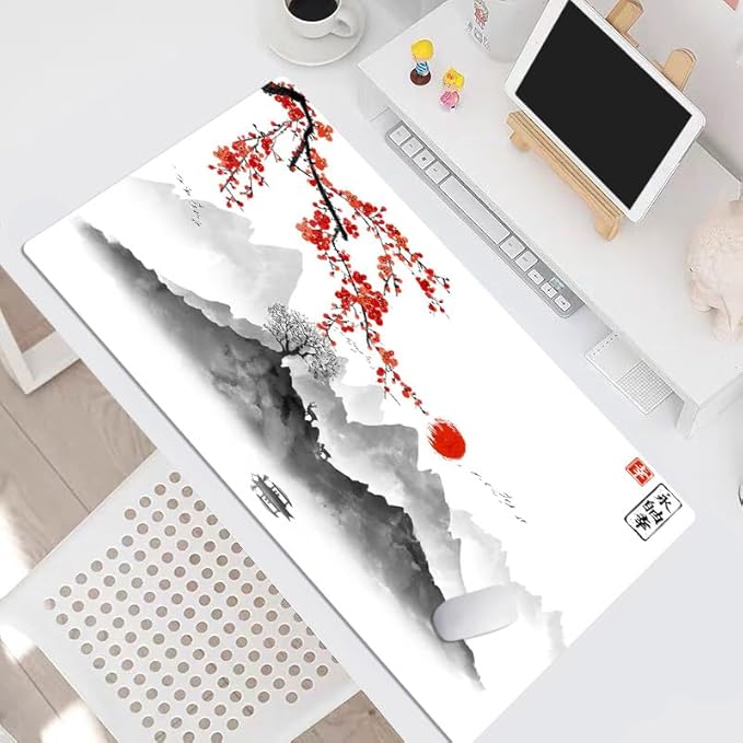 EOBTAIN Japanese Large Gaming Mouse Pad Cherry Blossom Keyboard Mat 31.5x15.7 Inch Mountain Landscape XXL Thin and Big Extended Desk Mat Smooth Non-Slip Rubber Mousepad Stitch Desk Accessories