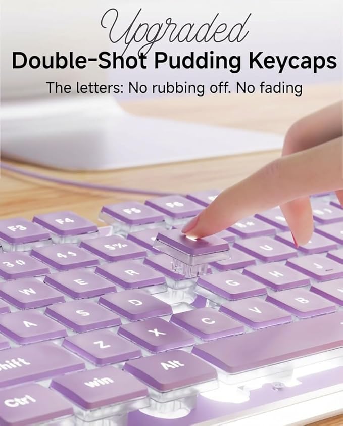 EWEADN GX710S Backlit Computer Keyboards, Wired USB Keyboard with White Backlit, Metal Panel, Plug and Play, Pudding Keycaps Full Size Quite Computer Keyboard for Win/PC/Laptop-Purple