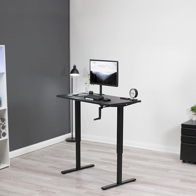 VIVO Manual Height Adjustable 43 x 24 inch Stand Up Desk, Black Solid One-Piece Table Top, Black Frame, Standing Workstation with Foldable Handle, DESK-KIT-MB4B