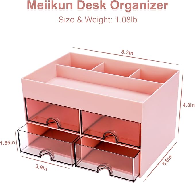 Desk Organizer, Office Organizer with Drawer, Desk Accessories & Workspace Organizers, Pen Holder Office Supplies for Desk (4 Drawers+4 Compartments, Pink)