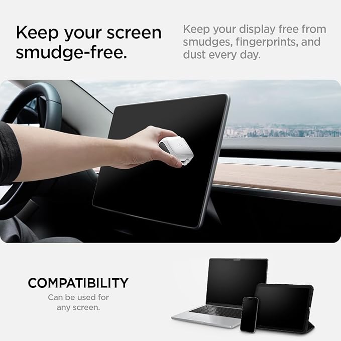 Spigen EZ Slide & Brush Screen Cleaner for Tesla Model Y 2025/26 (Juniper) & 3/Y/S/X/Cybertruck and Screens, Phones, Laptops, Tablets (Extra Microfiber Pad Included) [White]