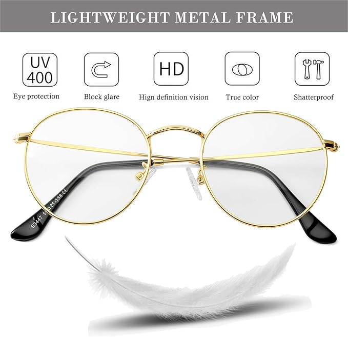 HJSTES Round Blue Light Glasses for Women Men Retro Circle Clear Lens Metal Frame Eyeglasses