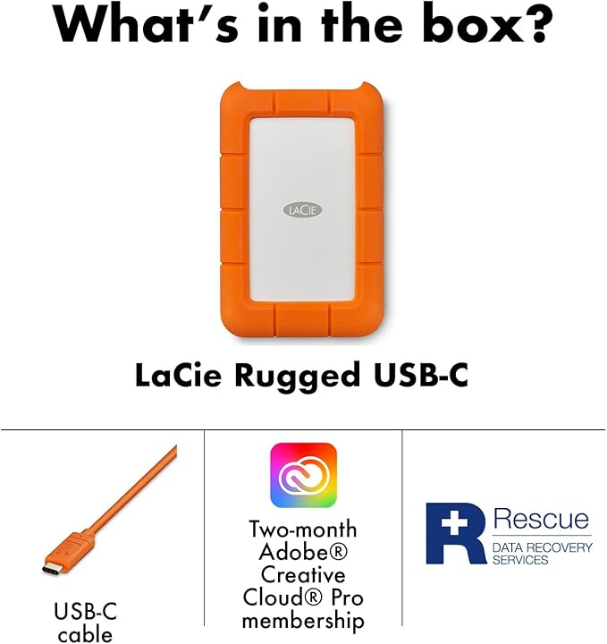 LaCie Rugged Secure 2TB External Hard Drive Portable HDD – USB-C USB 3.0 Drop Shock Dust Rain Resistant Computer Desktop Workstation Laptop Hardware Encryption, 1 Month Adobe CC (STFR2000403)