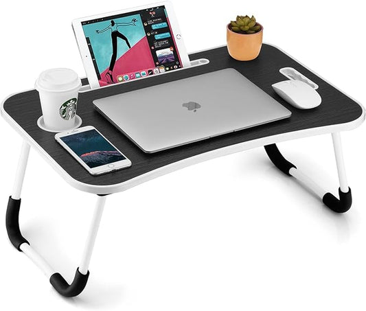 Foldable Laptop Table, Portable Lap Desk Bed Table Tray, Laptop Stand with Cup Holder & Tablet Slot & Lifting Handle for Working Writing Drawing & Eating (Black Grain)